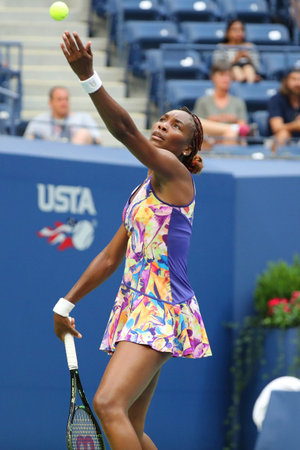 NEW YORK - AUGUST 30, 2016: Grand Slam champion Venus Williams of United States in action during her first round match at US Open 2016 at Billie Jean King National Tennis Center in New Yorkのeditorial素材