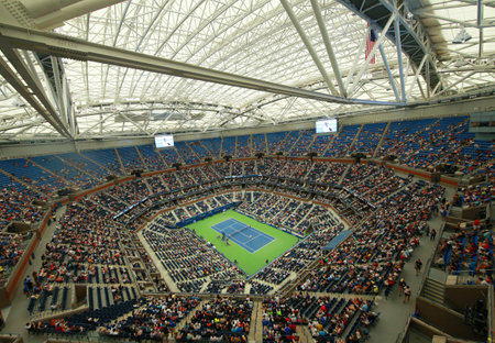NEW YORK - SEPTEMBER 1, 2016: Newly Improved Arthur Ashe Stadium at the Billie Jean King National Tennis Center during evening session at US Open 2016 tournament in Flushing, NYのeditorial素材