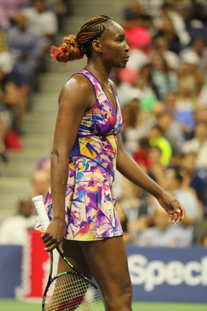 NEW YORK - SEPTEMBER 3, 2016: Grand Slam champion Venus Williams of United States in action during her round 3 match at US Open 2016 at Billie Jean King National Tennis Center in New Yorkのeditorial素材