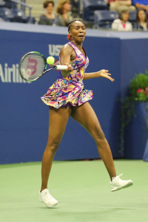 NEW YORK - SEPTEMBER 3, 2016: Grand Slam champion Venus Williams of United States in action during her round 3 match at US Open 2016 at Billie Jean King National Tennis Center in New Yorkのeditorial素材