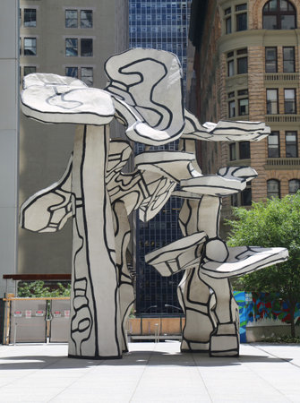 NEW YORK - JULY 16, 2017: Group of Four Trees sculpture by Jean Dubuffet in the front of Chase Building in Lower Manhattan. Jean Philippe Arthur Dubuffet was a French painter and sculptorのeditorial素材