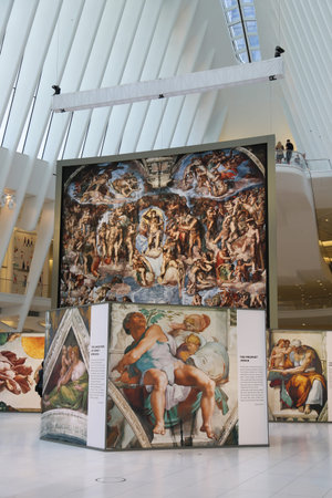 NEW YORK - JULY 16, 2017: Michelangelo's Sistine Chapel Up Close exhibition by Westfield taking place at the World Trade Center Oculus in New Yorkのeditorial素材