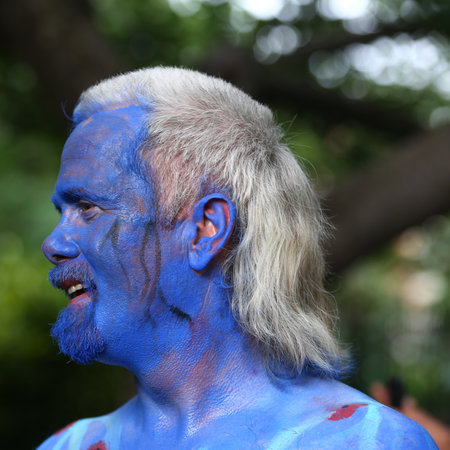 NEW YORK - JULY 22, 2017: Artists paint 100 fully nude models of all shapes and sizes during 4th NYC Body Painting Day featuring artist Andy Golub on Washington Square in New Yorkのeditorial素材
