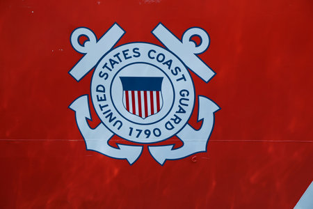 NEW YORK - MAY 26, 2016: United States Coast Guard logo on United States Coast Guard Cutter Forward docked in Brooklyn Cruise Terminal during Fleet Week 2016 in New York.のeditorial素材