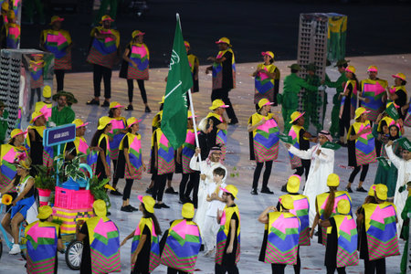 RIO DE JANEIRO, BRAZIL - AUGUST 5, 2016: team Saudi Arabia marched into the Rio 2016 International sport even opening ceremony at Maracana Stadium in Rio de Janeiroのeditorial素材