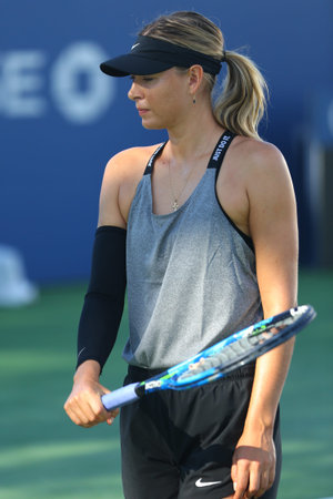 NEW YORK - AUGUST 23, 2017: Five times Grand Slam Champion Maria Sharapova of Russian Federation practices for US Open 2017 at Billie Jean King National Tennis Center in New Yorkのeditorial素材