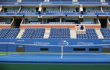 NEW YORK - AUGUST 22, 2017: US Open logo at Arthur Ashe Stadium at Billie Jean King National Tennis Center in New York. US Open is a final tennis major comprising the Grand Slam each yearのeditorial素材