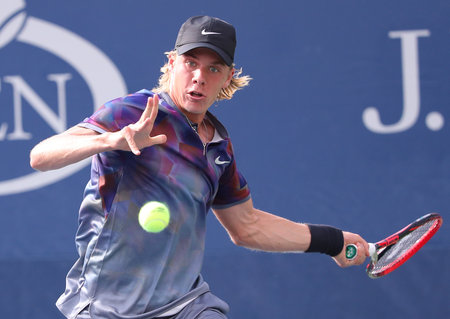 NEW YORK - AUGUST 28, 2017: Professional tennis player Denis Shapovalov of Canada in action during his US Open 2017 first round match at Billie Jean King National Tennis Center in New Yorkのeditorial素材