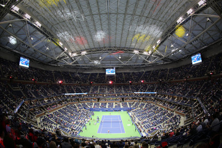 NEW YORK - AUGUST 29, 2017: Arthur Ashe Stadium at Billie Jean King National Tennis Center during night session US Open 2017 in New York.のeditorial素材