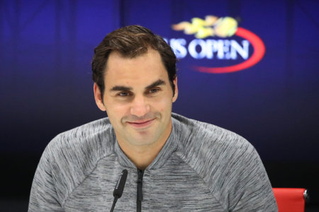 NEW YORK - SEPTEMBER 6, 2017: Nineteen times Grand Slam champion Roger Federer of Switzerland during press conference after loss at quarterfinal match at US Open 2017 in New Yorkのeditorial素材