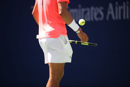 NEW YORK - SEPTEMBER 4, 2017: Grand Slam champion Rafael Nadal of Spain in action during his US Open 2017 round 4 match at Billie Jean King National Tennis Centerのeditorial素材