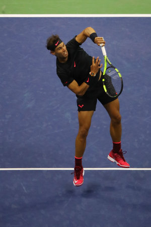 NEW YORK - SEPTEMBER 8, 2017: Grand Slam champion Rafael Nadal of Spain in action during his US Open 2017 semifinal match at Billie Jean King National Tennis Centerのeditorial素材