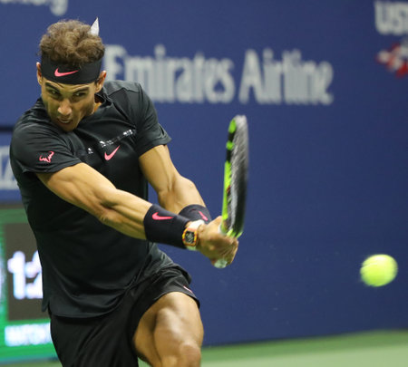 NEW YORK - SEPTEMBER 8, 2017: Grand Slam champion Rafael Nadal of Spain in action during his US Open 2017 semifinal match at Billie Jean King National Tennis Centerのeditorial素材