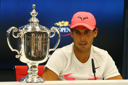 NEW YORK CITY - SEPTEMBER 10, 2017: US Open 2017 champion Rafael Nadal of Spain during press conference after his final match victory against Kevin Andersen at Billie Jean King National Tennis Centerのeditorial素材