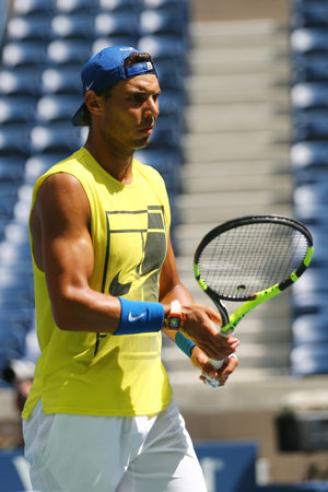 NEW YORK - AUGUST 27, 2017: Fifteen times Grand Slam Champion Rafael Nadal of Spain practices for US...