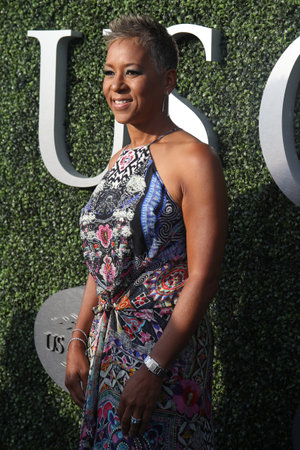 NEW YORK - AUGUST 28, 2017: Chairman of the Board, CEO and President of the USTA Katrina Adams on the blue carpet before US Open 2017 opening night ceremony at Tennis Center in New Yorkのeditorial素材