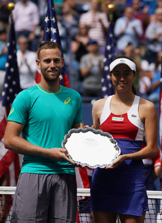 NEW YORK - SEPTEMBER 9, 2017: US Open 2017 mixed doubles finalists Michael Venus of New Zealand and...