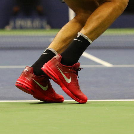 NEW YORK - SEPTEMBER 8, 2017: Grand Slam champion Juan Martin del Potro of Argentina wears custom Nike tennis shoes during US Open 2017 match at Billie Jean King National Tennis Centerのeditorial素材