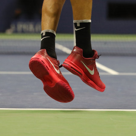 NEW YORK - SEPTEMBER 8, 2017: Grand Slam champion Juan Martin del Potro of Argentina wears custom Nike tennis shoes during US Open 2017 match at Billie Jean King National Tennis Centerのeditorial素材