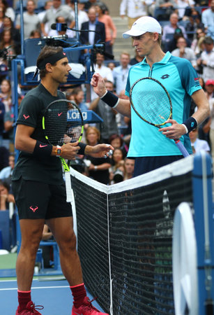 NEW YORK - SEPTEMBER 10, 2017: US Open 2017 champion Rafael Nadal of Spain (L) and finalist Kevin...