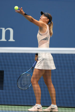NEW YORK - SEPTEMBER 3, 2017: Five times Grand Slam Champion Maria Sharapova of Russia in action during her 2017 US Open round 4 match at Billie Jean King National Tennis Center in New Yorkのeditorial素材