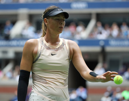 NEW YORK - SEPTEMBER 3, 2017: Five times Grand Slam Champion Maria Sharapova of Russia in action during her 2017 US Open round 4 match at Billie Jean King National Tennis Center in New Yorkのeditorial素材