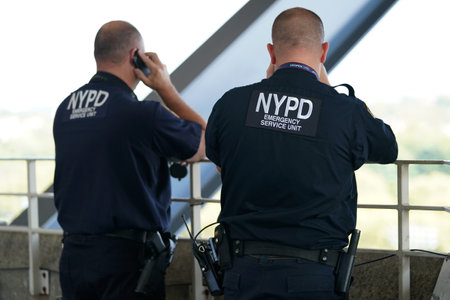 NEW YORK - AUGUST 31, 2017: NYPD Emergency Service Unit  police officers providing security at National Tennis Center during US Open 2017 in New Yorkのeditorial素材