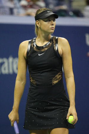 NEW YORK - AUGUST 28, 2017: Five times Grand Slam Champion Maria Sharapova of Russia in action during her US Open 2017 first round match at Billie Jean King National Tennis Center in New Yorkのeditorial素材