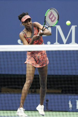 NEW YORK - SEPTEMBER 3, 2017: Grand Slam champion Venus Williams of United States in action during her round 4 match at 2017 US Open at Billie Jean King National Tennis Center in New Yorkのeditorial素材