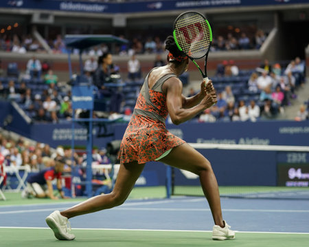 NEW YORK - SEPTEMBER 3, 2017: Grand Slam champion Venus Williams of United States in action during her round 4 match at 2017 US Open at Billie Jean King National Tennis Center in New Yorkのeditorial素材