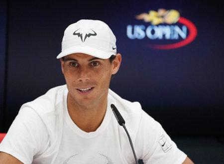 NEW YORK CITY - AUGUST 29, 2017: Grand Slam champion Rafael Nadal of Spain during press conference after his 2017 US Open first round match victory at Billie Jean King National Tennis Centerのeditorial素材