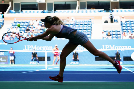 NEW YORK - AUGUST 31, 2017: Professional tennis player Elina Svitolina of Ukraine in action during her US Open 2017 second round match at Billie Jean King National Tennis Centerのeditorial素材