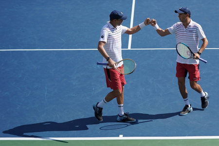 NEW YORK -SEPTEMBER 4, 2017: Grand Slam champions Mike and Bob Bryan of United states in action during US Open 2017 round 3 men's doubles match at Billie Jean King National Tennis Center in New York