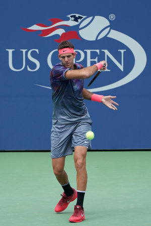 NEW YORK - AUGUST 31, 2017: Grand Slam Champion Juan Martin del Potro of Argentina in action during his US Open 2017 second round match at Billie Jean King National Tennis Centerのeditorial素材