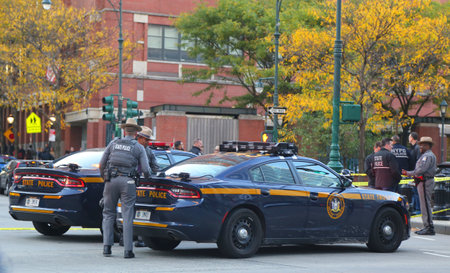 NEW YORK - OCTOBER 31, 2017: New York State police officer at the crime scene near a terror attack site in lower Manhattan in New York.のeditorial素材