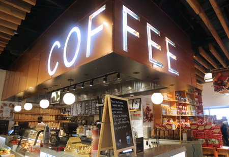 NEW YORK - NOVEMBER 5, 2017: Coffee bar in Le District French Food Hall in Lower Manhattanのeditorial素材