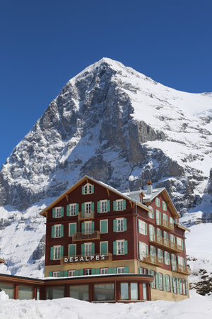 KLEINE SCHEIDEGG, SWITZERLAND - MAY 5, 2017: View of the Bellevue des Alpes Hotel. This resort located in the Swiss Alps of canton Bern and famous for ski racing Lauberhornrennenのeditorial素材