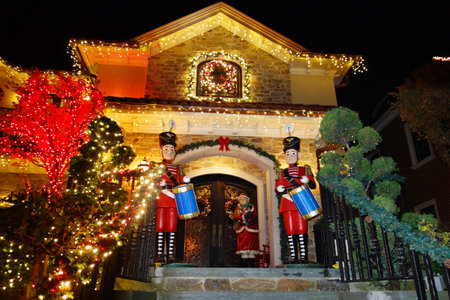 BROOKLYN, NEW YORK - NOVEMBER 28, 2017: Christmas house decoration lights display in the suburban Brooklyn neighborhood of Dyker Heightsのeditorial素材