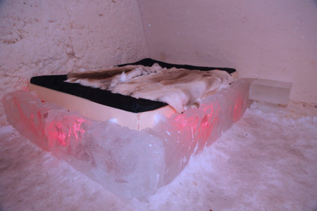 ROVANIEMI, FINLAND - FEBRUARY 16, 2017: Family room  at Arctic Snow Hotel in Finnish Lapland. Arctic SnowHotel is located on the Arctic Circle in Finnish Lapland.のeditorial素材