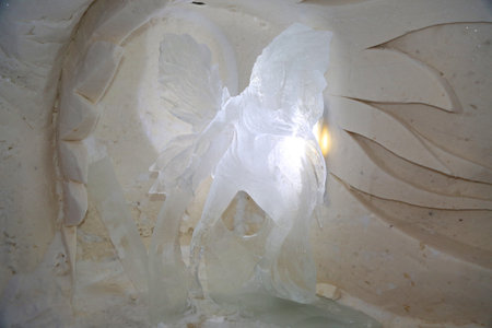 ROVANIEMI, FINLAND - FEBRUARY 16, 2017: Ice sculpture at Arctic Snow Hotel in Finnish Lapland. Arctic SnowHotel is located on the Arctic Circle in Finnish Lapland.のeditorial素材