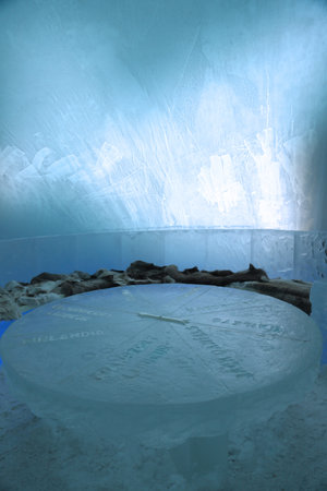 ROVANIEMI, FINLAND - FEBRUARY 16, 2017: Ice sculpture at Arctic Snow Hotel in Finnish Lapland. Arctic SnowHotel is located on the Arctic Circle in Finnish Lapland.のeditorial素材