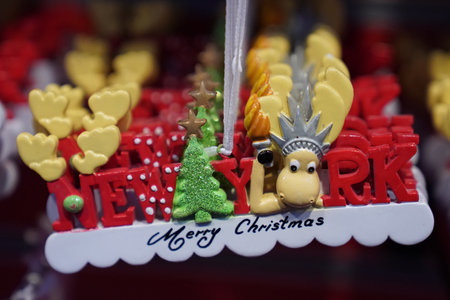 NEW YORK - DECEMBER 19, 2017: New York City themed Christmas ornaments on display in Manhattanのeditorial素材