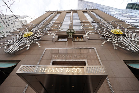 NEW YORK - DECEMBER 19, 2017: Tiffany Fifth Avenue store decorated for Christmas in Midtown Manhattan. Tiffany & Company is an American luxury jewelry and specialty retailer, headquartered in New York Cityのeditorial素材
