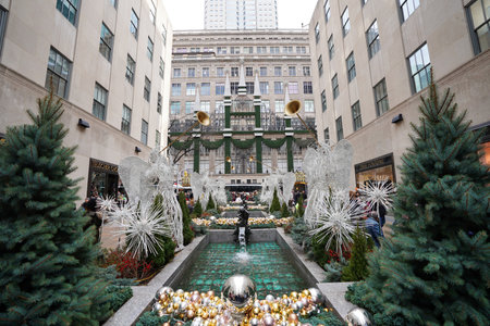 NEW YORK - DECEMBER 19, 2017: Angel Christmas Decorations at the Rockefeller Center in Midtown Manhattanのeditorial素材
