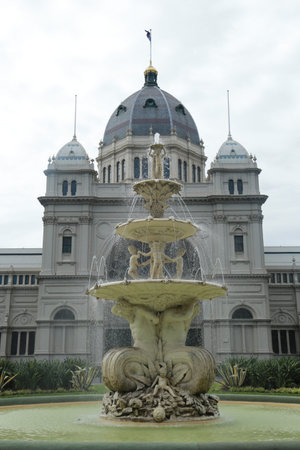 MELBOURNE, AUSTRALIA - JANUARY 31, 2016: The Royal Exhibition Building's fountain in Melbourne, Australia. The Royal Exhibition Building is a listed building completed in 1880のeditorial素材