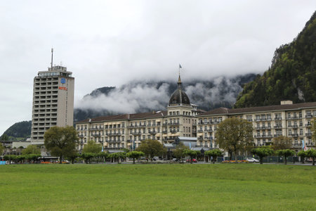 INTERLAKEN, SWITZERLAND - MAY 8, 2017: Historic Victoria Jungfrau Grand Hotel and Spa in Interlaken, Switzerlandのeditorial素材