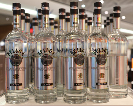 FRANKFURT, GERMANY - APRIL 27, 2017: Beluga Noble Russian Vodka on display at the duty free shop in Frankfurt Airportのeditorial素材