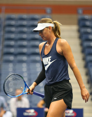 NEW YORK - AUGUST 26, 2017: Five times Grand Slam Champion Maria Sharapova of Russian Federation practices for US Open 2017 at Billie Jean King National Tennis Center in New Yorkのeditorial素材