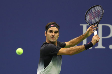 NEW YORK - SEPTEMBER 6, 2017: Grand Slam champion Roger Federer of Switzerland during his US Open 2017 quarterfinal match against Juan Martin Del Potro at Arthur Ashe Stadiumのeditorial素材