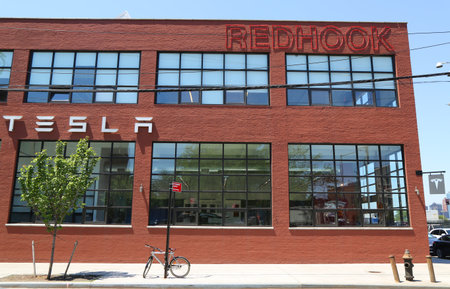 BROOKLYN, NEW YORK - MAY 24, 2018: New Tesla dealership at Red Hook in Brooklyn, New York